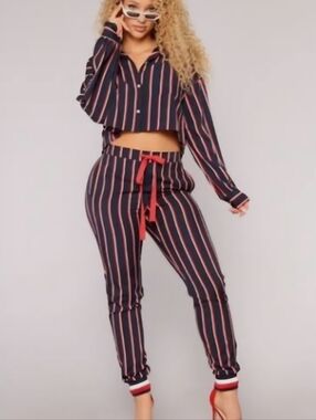 Fashion Nova Striped Navy w/Red & White 2PC Jogger Set